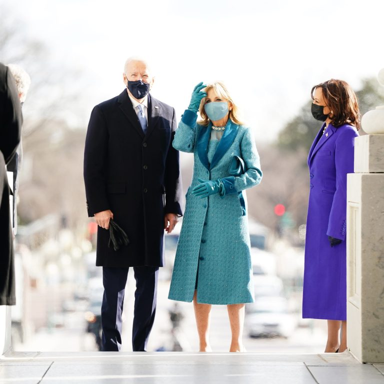 Dr. Jill Biden Wears Markarian Blue Coat to 2021 President Joe Biden Inauguration