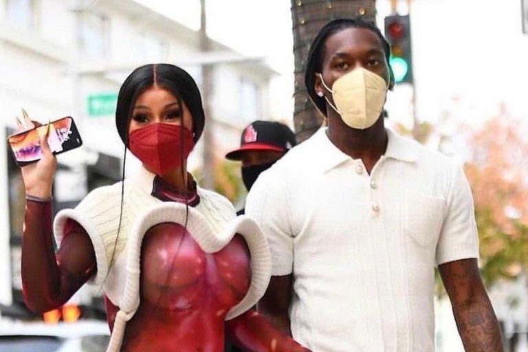 Cardi B Gives Us Body in Red Cosmic Sheer Pierre-Louis Auvray Dress and YSL Studded Heels With Offset on Rodeo Drive