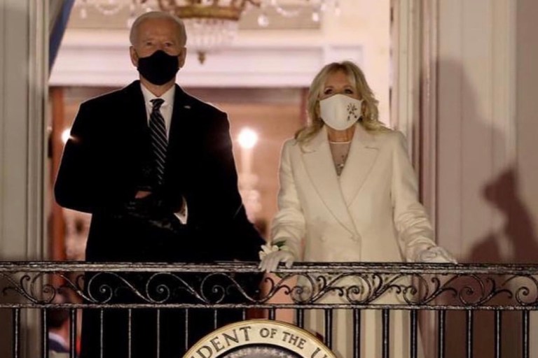 Dr. Jill Biden Wore a Cream Flower Embroidered Custom Gabriela Hearst Double-Breasted Cashmere Coat and Silk Wool and Organza Dress at the 2021 Presidential Inauguration Ball