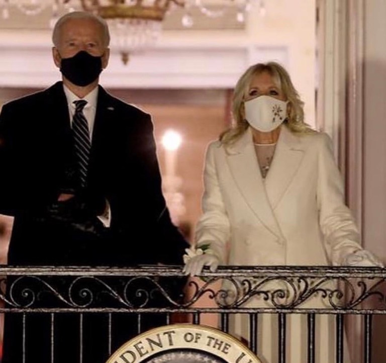 Dr. Jill Biden Wore a Cream Flower Embroidered Custom Gabriela Hearst Double-Breasted Cashmere Coat and Silk Wool and Organza Dress at the 2021 Presidential Inauguration Ball