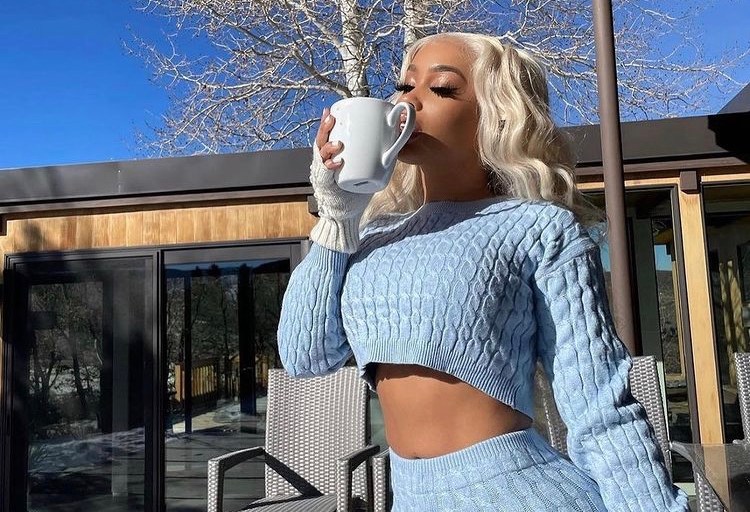 Dream Doll Keeps it Comfy in Fashion Nova’s Light Blue 2 Piece Knit Sweater Set