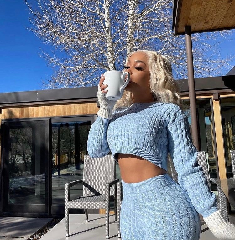 Dream Doll Keeps it Comfy in Fashion Nova’s Light Blue 2 Piece Knit Sweater Set