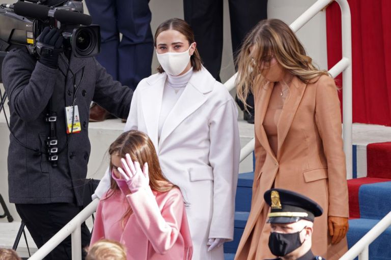 Joe Biden’s Granddaughter Finnegan Biden’s Inauguration Brandon Maxwell Camel Brown Coat and Matching Dress + Naomi Biden’s White Adam Lippes Coat