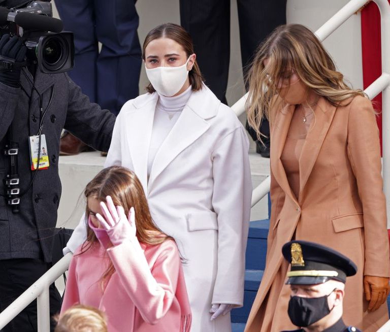 Joe Biden’s Granddaughter Finnegan Biden’s Inauguration Brandon Maxwell Camel Brown Coat and Matching Dress + Naomi Biden’s White Adam Lippes Coat