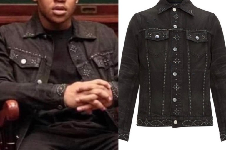 Ghost Wardrobe Inquiry: Tariq St. Patrick (Michael Rainey Jr.’s) Black Denim Studded Amiri Black Trucker Jacket + Paige Hurd’s Beige Zimmermann Block Checked Patch Cropped Buckle Jacket