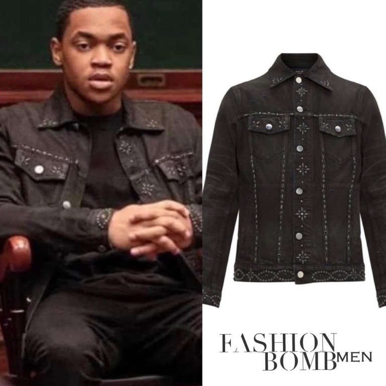 Ghost Wardrobe Inquiry: Tariq St. Patrick (Michael Rainey Jr.’s) Black Denim Studded Amiri Black Trucker Jacket + Paige Hurd’s Beige Zimmermann Block Checked Patch Cropped Buckle Jacket