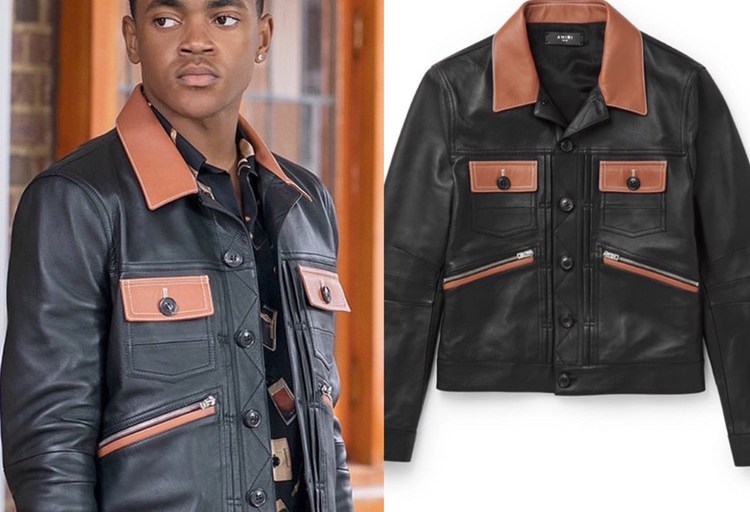 Power Book II Ghost Wardrobe Inquiry: Tariq St. Patrick ( Michael Rainey Jr.’s) Amiri Brown and Black Colorblock Contrast Leather Jacket + Naturi Naughton’s Saint Laurent Black Sheer Blouse + Vauthier Red Dress