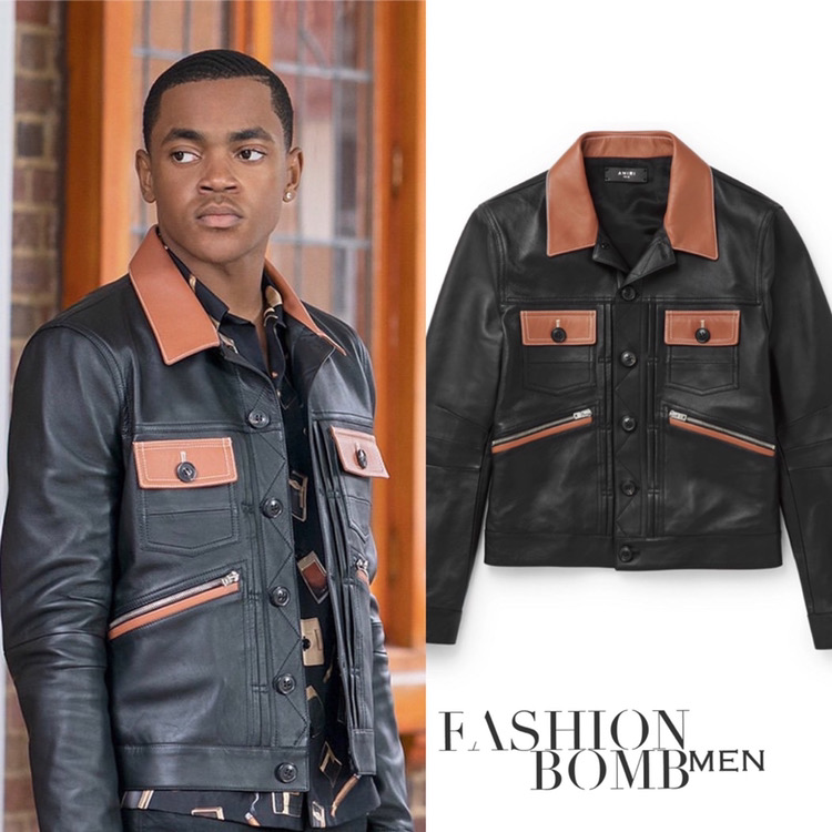 Power Book II Ghost Wardrobe Inquiry: Tariq St. Patrick ( Michael Rainey Jr.’s) Amiri Brown and Black Colorblock Contrast Leather Jacket + Naturi Naughton’s Saint Laurent Black Sheer Blouse + Vauthier Red Dress