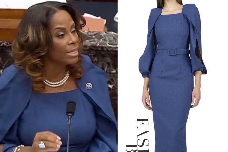 Rep. Stacey Plaskett Wears BGL Blue Belted Caped Dress for Donald Trump Impeachment Proceedings