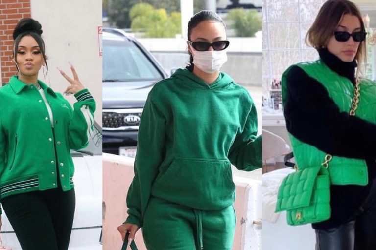 Celebs Cannot Get Enough of the Air Jordan 1 “Lucky Green” Sneakers: As Spied on Draya Michele in Green Talentless Sweatsuit, Hailey Bieber in Bottega Veneta Accessories, and Saweetie in Amiri ‘Bones’ Varsity Jacket and Dolce and Gabbana Bag