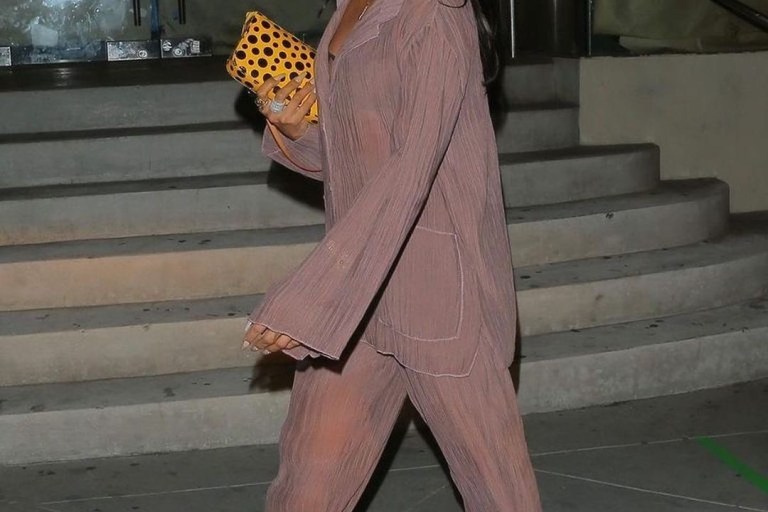 You Ask, We Answer! Karrueche Tran’s LA Zara Sheer Mauve Pajama Top and Pants and Bottega Veneta Yellow Strap Sandals