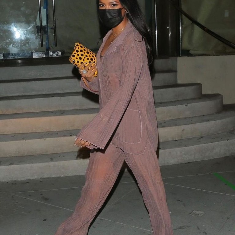 You Ask, We Answer! Karrueche Tran’s LA Zara Sheer Mauve Pajama Top and Pants and Bottega Veneta Yellow Strap Sandals