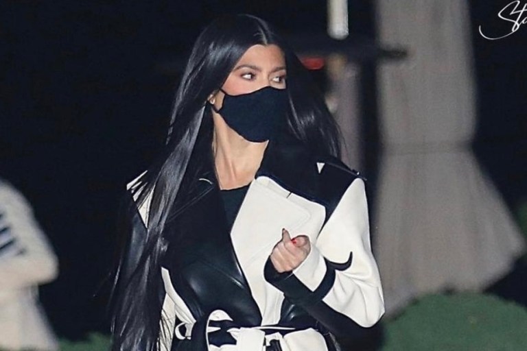 Kourtney Kardashian Stepped Out in LA Rocking Celine Pre-Fall 2018 Black and White Colorblock Leather Trench Coat