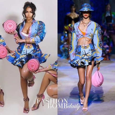 Lori Harvey Posed for Versace Wearing A Spring 2021 Ready To Wear Printed 2 Piece and Shows Off New Pink La Medusa Versace Circle Bag