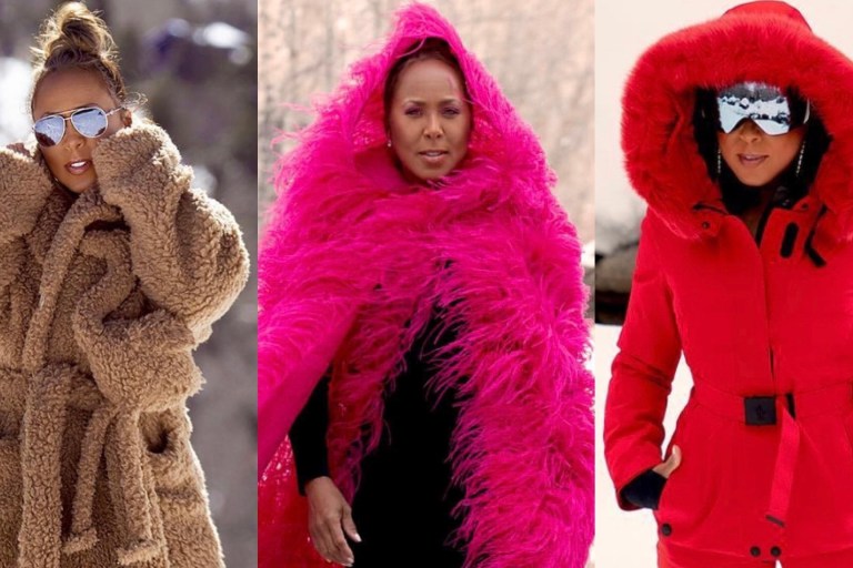 Marjorie Harvey Brought Fashion to the Slopes in Red Moncler Hooded Fur Jacket, Beige Louis Vuitton Shearling 3D Flamingo and Snake Belted Coat, and Pink Oscar De La Renta FW20 Feather Coat