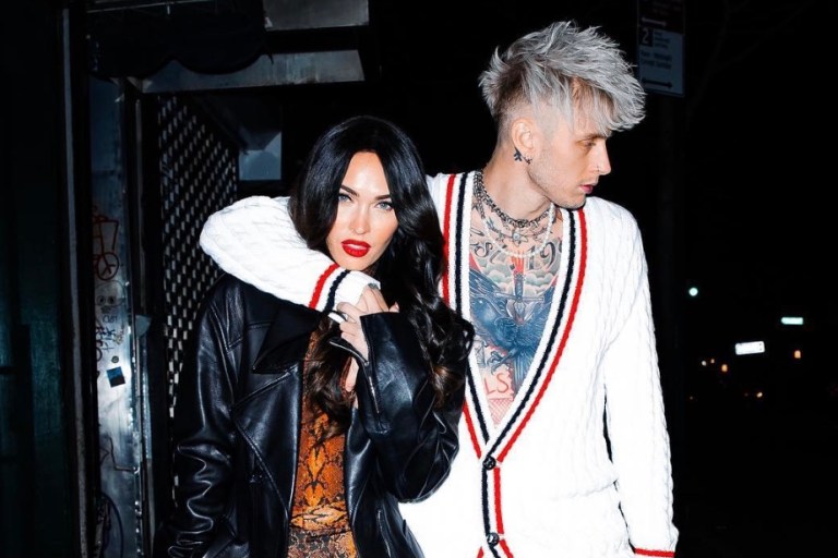 Megan Fox and Machine Gun Kelly Oozing in Knit Crop Top, Coat, and All-White Sneakers