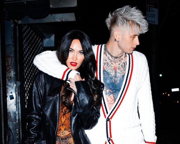 Megan Fox and Machine Gun Kelly Oozing in Knit Crop Top, Coat, and All-White Sneakers