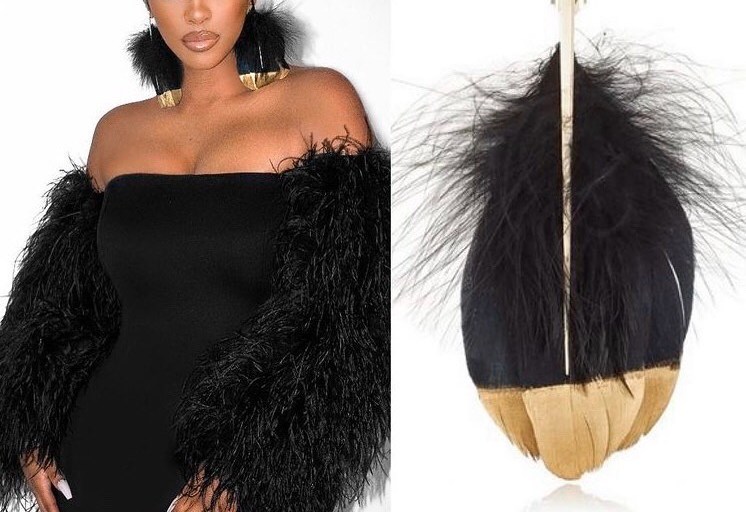You Ask, We Answer! Porsha Williams Posed Wearing A Pair of Black and Gold Tom Ford Feather Earrings and Ostrich Feather Sleeved Dress by Jovani