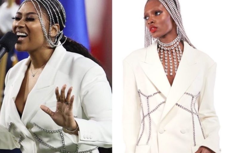 Jazmine Sullivan Sings the National Anthem at the Superbowl in an Area White Crystal Embellished Corset Blazer, Pants Suit, and Head Piece