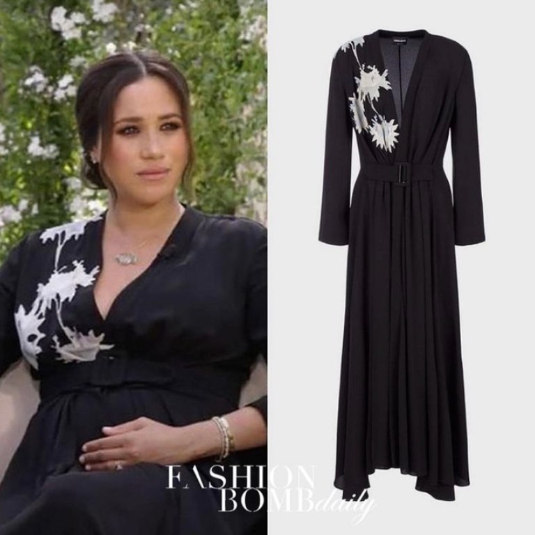 Meghan Markle Appeared on Oprah with Prince Harry Wearing a $4,700 Armani Black Belted Dress