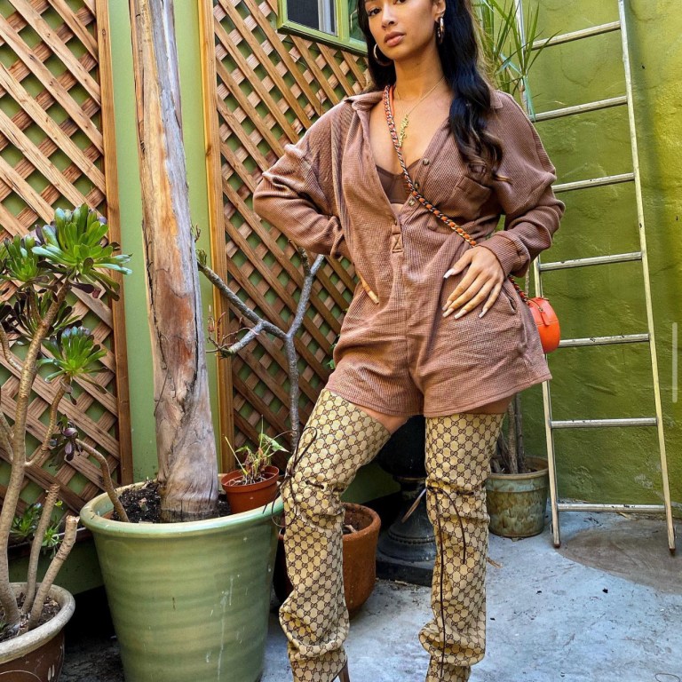 Draya Michele Rocks Fashion Nova Brown Knit Oversized Romper