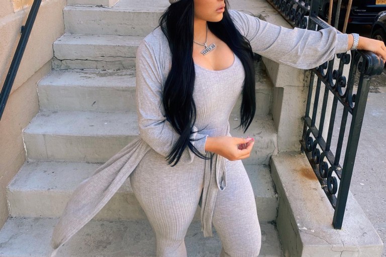 Emily B Spotted Wearing a Grey Ribbed Knit Jumpsuit and Cardigan Set by Fashion Nova
