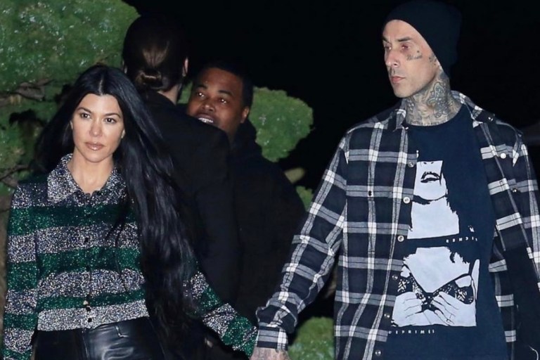 Kourtney Kardashian Spotted Out at Nobu Malibu With Travis Barker Wearing Victoria Beckham Lurex Button Top, Beau Souci Black Leather Cut-Out Pants and a Hermès Mini Green Kelly Bag