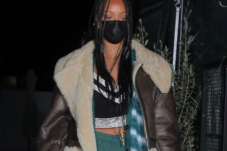 Rihanna Spotted in LA with Braids and A Look Featuring R13 Brown Sherpa Leather Aviator Jacket, Marni Green and White Fuzzy Cardigan, Miu Miu Black and White Lace Trim Top, BrainDead Green Sweatpants, Goyard Green Mini Saigon Bag and Amina Muaddi White Crystal Ankle Strap Leather Pumps