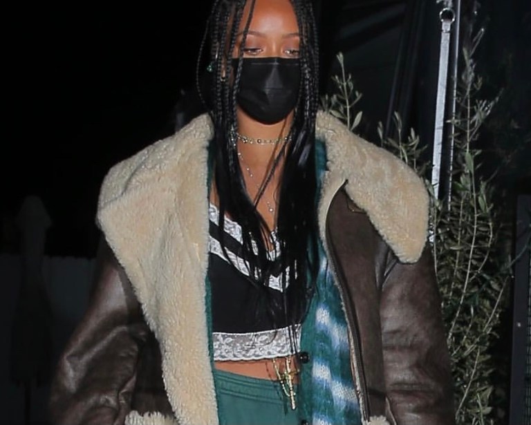 Rihanna Spotted in LA with Braids and A Look Featuring R13 Brown Sherpa Leather Aviator Jacket, Marni Green and White Fuzzy Cardigan, Miu Miu Black and White Lace Trim Top, BrainDead Green Sweatpants, Goyard Green Mini Saigon Bag and Amina Muaddi White Crystal Ankle Strap Leather Pumps
