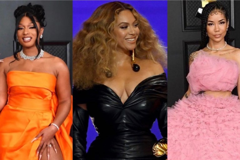 Top 10 Best Dressed at the 2021 Grammys: Beyoncé in Schiaparelli Black Gathered Off-The-Shoulder Dress, Megan Thee Stallion in Dolce and Gabbana Orange Gown, Jhené Aiko in Monsoori Pink Tulle Look + More