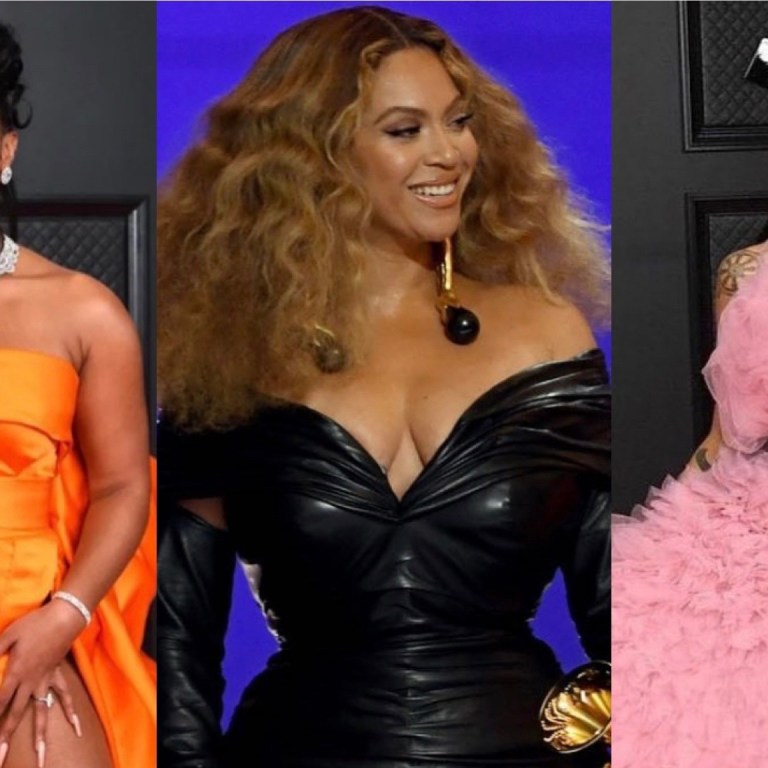 Top 10 Best Dressed at the 2021 Grammys: Beyoncé in Schiaparelli Black Gathered Off-The-Shoulder Dress, Megan Thee Stallion in Dolce and Gabbana Orange Gown, Jhené Aiko in Monsoori Pink Tulle Look + More