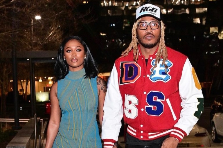 Wardrobe Inquiry: Dess Dior Steps Out With Future in Herve Leger Blue and Yellow Turtleneck Midi Dress