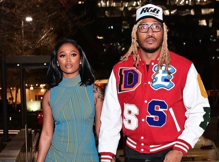 Wardrobe Inquiry: Dess Dior Steps Out With Future in Herve Leger Blue and Yellow Turtleneck Midi Dress