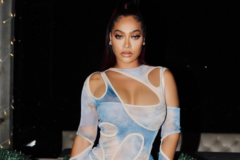 You Ask, We Answer! Lala Popped Out at the Atlanta’s Sugar Factory Wearing Westly Johns Blue Tie-Dye Cutout Dress and Beige Yeezy Pumps