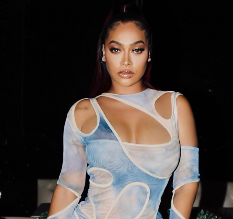 You Ask, We Answer! Lala Popped Out at the Atlanta’s Sugar Factory Wearing Westly Johns Blue Tie-Dye Cutout Dress and Beige Yeezy Pumps