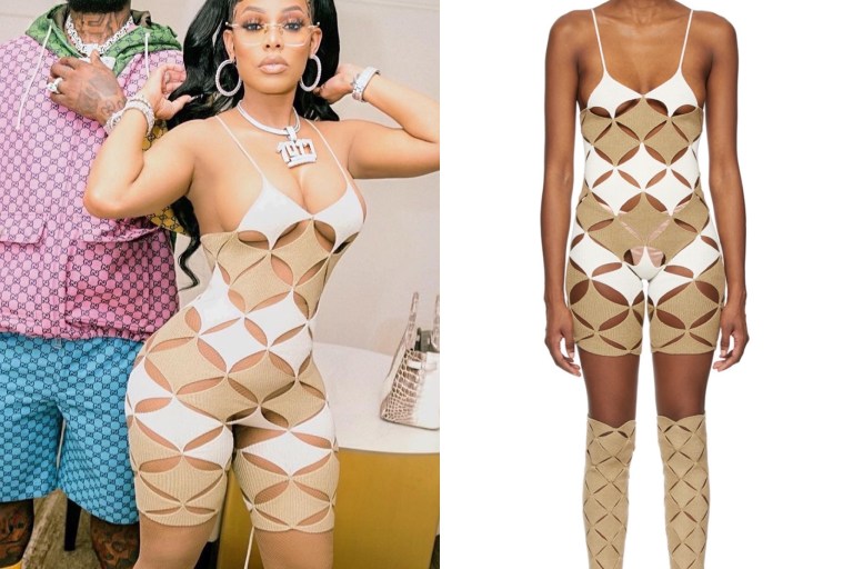 Wardrobe Inquiry: Keyshia Kaior’s Diamond Cut Out White and Beige Romper + Gucci Mane’s Rainbow Gucci Multicolor Look