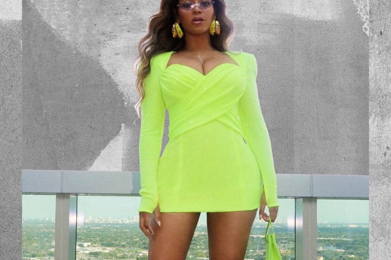 Beyoncé Hit Us With Two News Looks Including a Custom Neon Balmain Dress + Custom TLZ L’Femme Blue Snake Print Shirt, Jacquemus Green 3D Pocket Leather Shorts, and Francesco Russo Brown Snakeskin Ankle Strap Sandals
