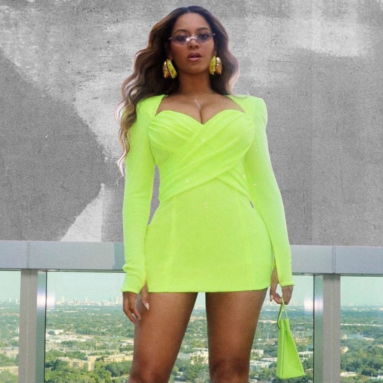 Beyoncé Hit Us With Two News Looks Including a Custom Neon Balmain Dress + Custom TLZ L’Femme Blue Snake Print Shirt, Jacquemus Green 3D Pocket Leather Shorts, and Francesco Russo Brown Snakeskin Ankle Strap Sandals