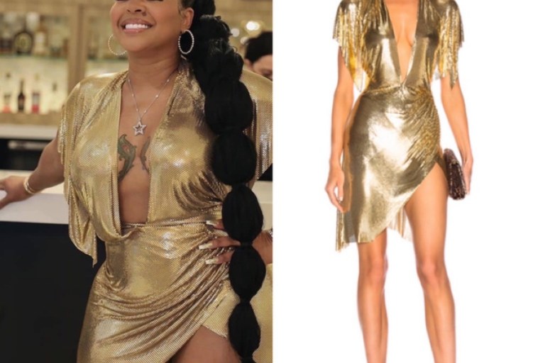 Wardrobe Inquiry: Chrissy Lampkin Is Living Her Life Like It’s Golden as She Celebrates Her 50th Birthday in a Fannie Schiavoni Gold-Plated Plunging Neckline Dress