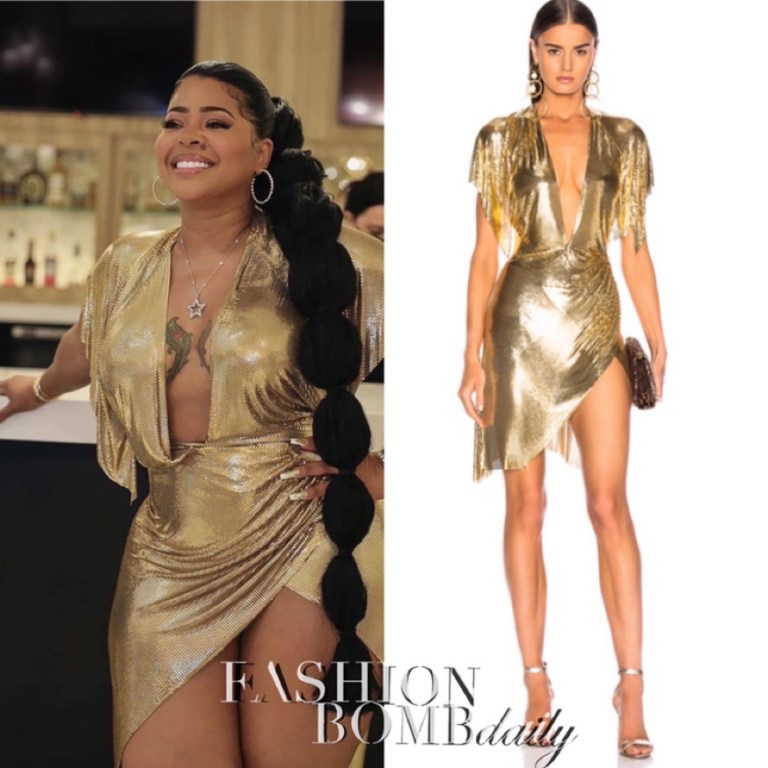 Wardrobe Inquiry: Chrissy Lampkin Is Living Her Life Like It’s Golden as She Celebrates Her 50th Birthday in a Fannie Schiavoni Gold-Plated Plunging Neckline Dress