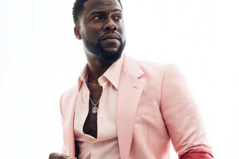 Kevin Hart Channels His Inner Swagger for a Photoshoot in Dapper Alexander McQueen Spring 2021 Pink-Red Dip-Dye Suit + More Looks Featuring Lanvin Stripe Polo Shirt and Green Trousers and Custom FRÈRE Grey Suit