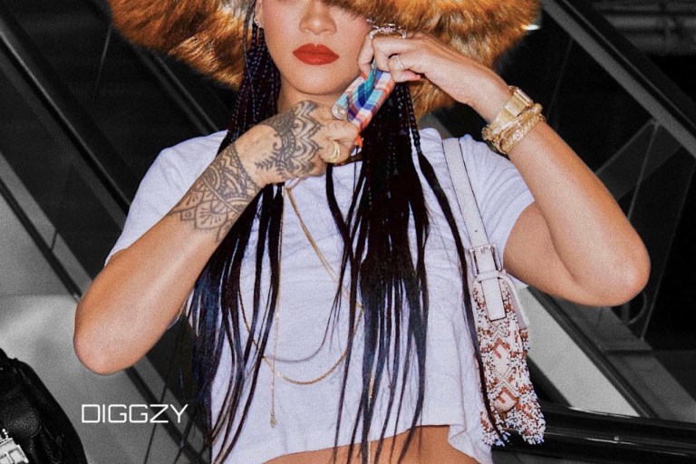 Rihanna Dons Fuzzy-Chic Ensemble Including Benny Andallo Custom Faux Fur Hat, White Cropped Tee, Gucci by Tom Ford Spring/Summer 1999 Feather and Beaded Jeans, and Fendi Cream and Tan Logo Beaded Baguette Bag While Out in LA