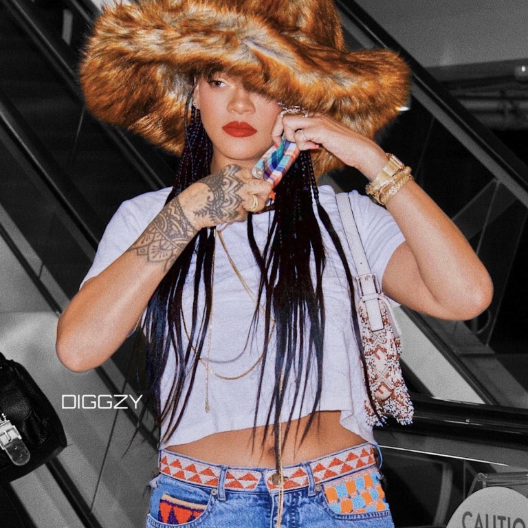 Rihanna Dons Fuzzy-Chic Ensemble Including Benny Andallo Custom Faux Fur Hat, White Cropped Tee, Gucci by Tom Ford Spring/Summer 1999 Feather and Beaded Jeans, and Fendi Cream and Tan Logo Beaded Baguette Bag While Out in LA