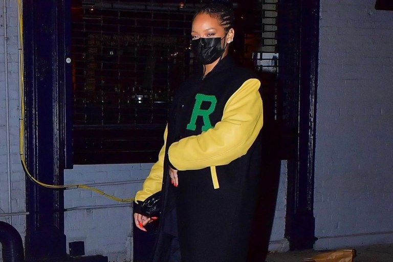 Rihanna Wears Raf Simons Navy and Yellow Longline Varsity Jacket While on a Date With A$AP Rocky