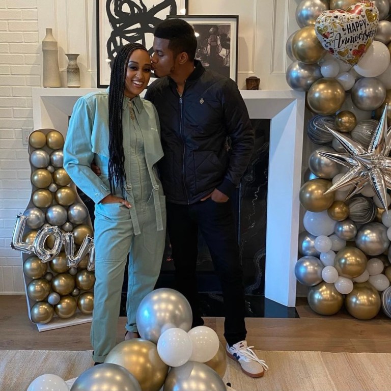 Tia Mowry Celebrates 13th Wedding Anniversary With Husband Cory Hardrict and Their Children Wearing Stella McCartney Mint Green Jumpsuit