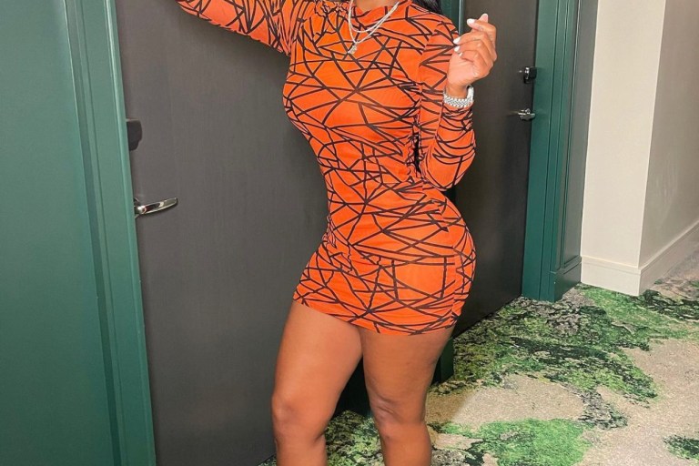 Bernice Burgos Steps Out in Orange Geometric Print Mesh Mini Dress by Fashion Nova