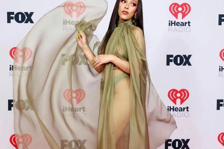 Doja Cat Graces the 2021 iHeartRadio Music Awards Red Carpet in Brandon Maxwell Green See-Through Dress
