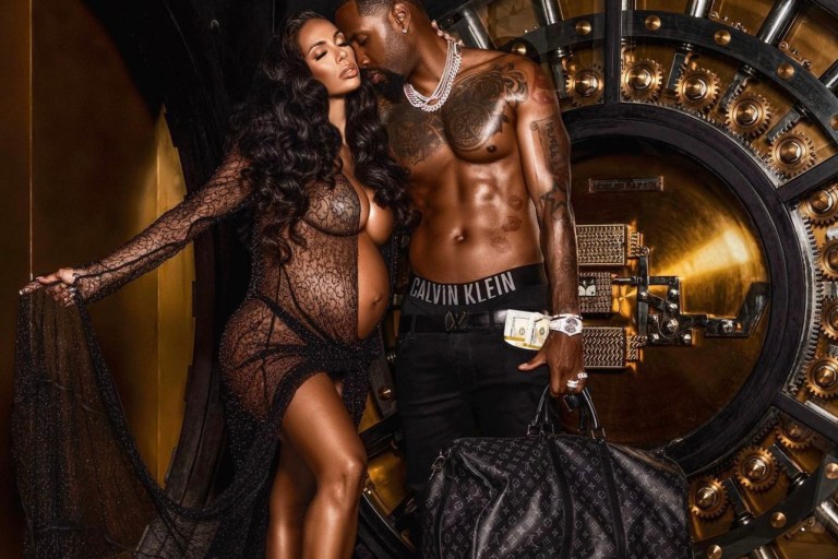 Erica Mena and Safaree Announce Second Baby With Bomb Bank Photo Shoot: Erica Mena Wears London Couture Black Beaded Lace Dress