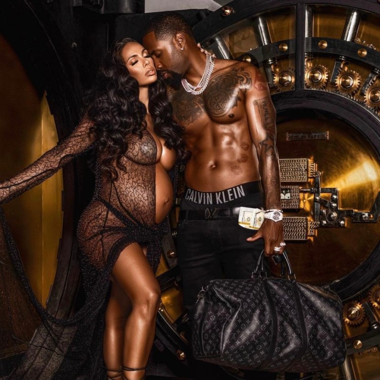 Erica Mena and Safaree Announce Second Baby With Bomb Bank Photo Shoot: Erica Mena Wears London Couture Black Beaded Lace Dress