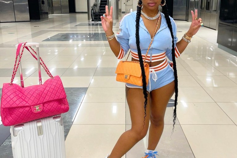 Jayda Cheaves Keeps It Comfy on Her Flight to Miami Wearing a Fashion Nova Blue Zip-Up Hoodie and Short Set
